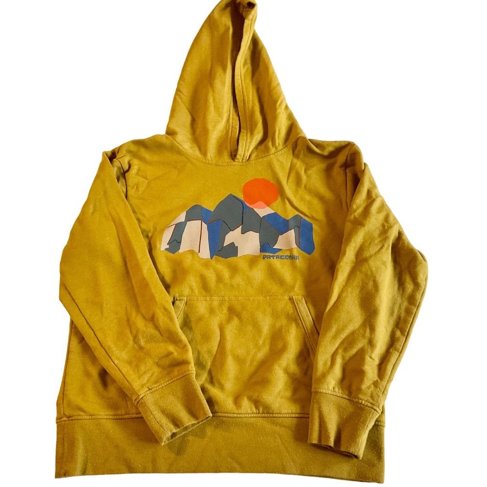 Patagonia Boy's Size Large Hoodie Sweatshirt Mustard Yellow With Mountain Design